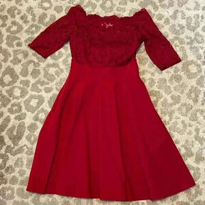 Miss May Lace Top Off Shoulder - A-line Dress - Holiday Red- Medium